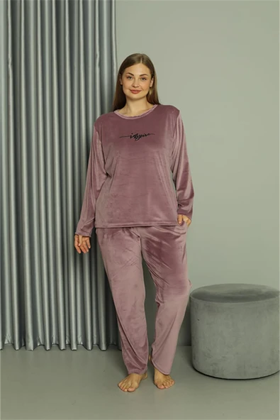 Moda Çizgi Büyük Beden Kadın Kadife Mor Pijama Takım 20628 - 3