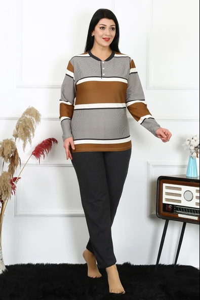 Moda Çizgi Kadın Büyük Beden Penye Uzun Kol Pijama Takım 202214 - 2