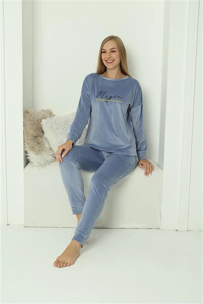 Moda Çizgi Kadın Kadife Mavi Pijama Takım 20624 - 1