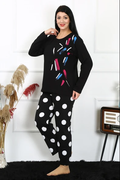 Moda Çizgi Kadın Büyük Beden Penye Uzun Kol Pijama Takım 202215 - 4