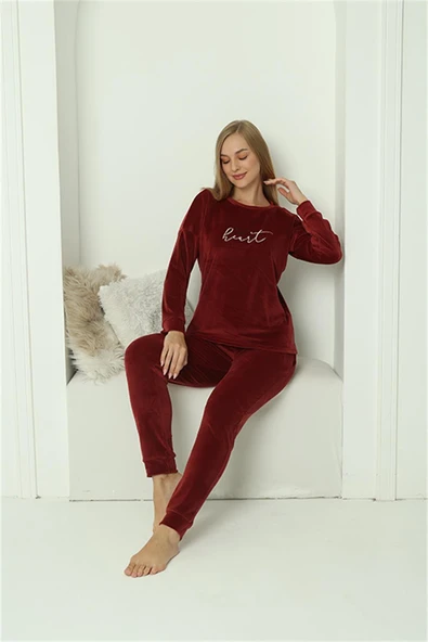 Moda Çizgi Kadın Kadife Bordo Pijama Takım 20624 - 5