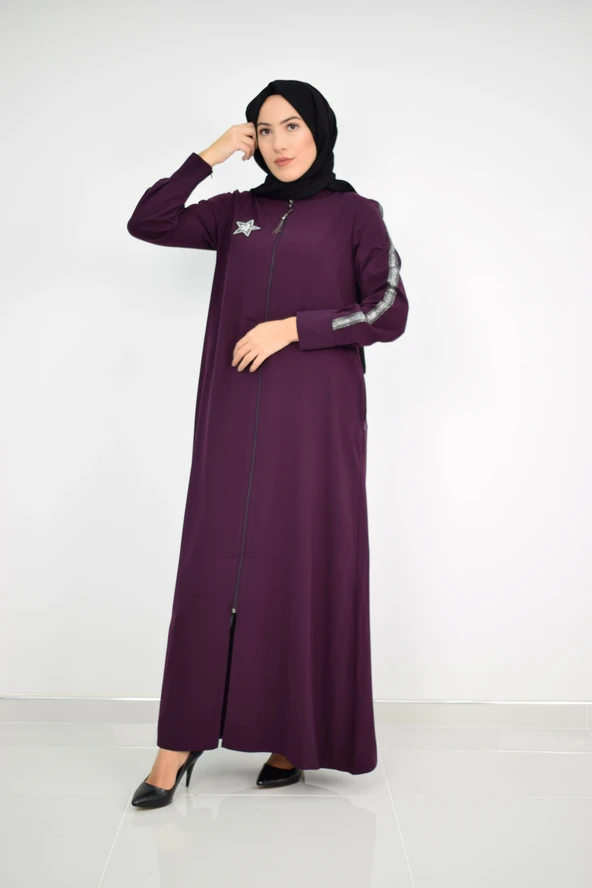 Yıldız Arma Desenli Kol Seritli Tesettür Ferace Mor 2176 - 2
