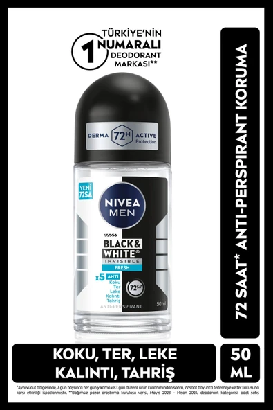 NIVEA MEN Erkek Roll-on Deodorant Black&white Invisible Fresh 50ml, 72 Saat Anti-Perspirant Ter Koruması