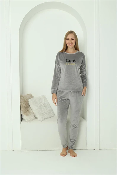 Moda Çizgi Kadın Kadife Gri Pijama Takım 20624 - 5