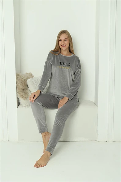 Moda Çizgi Kadın Kadife Gri Pijama Takım 20624 - 1