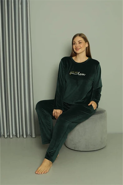 Moda Çizgi Büyük Beden Kadın Kadife Yeşil Pijama Takım 20628 - 5