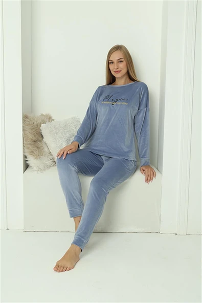 Moda Çizgi Kadın Kadife Mavi Pijama Takım 20624 - 3