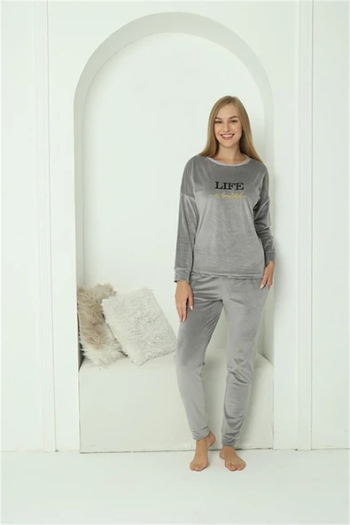 Moda Çizgi Kadın Kadife Gri Pijama Takım 20624 - 3