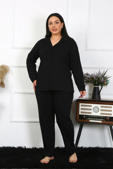 Moda Çizgi Kadın Büyük Beden Pamuklu Cepli Düğmeli Siyah Pijama Takım 202401 - 5