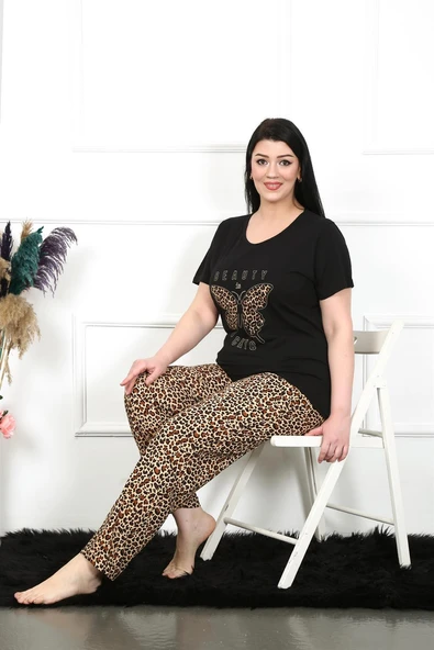 Moda Çizgi Kadın Büyük Beden Kısa Kol Pijama Takım 202203 - 2