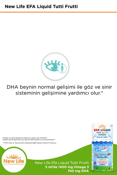 New Life Efa Liquid Tutti Frutti Balık Yağı 150 ml - 1400mg Omega 3 - 740mg DHA - 425mg EPA - Resim 4