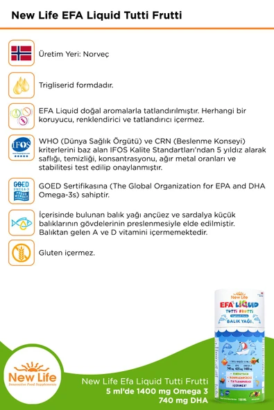 New Life Efa Liquid Tutti Frutti Balık Yağı 150 ml - 1400mg Omega 3 - 740mg DHA - 425mg EPA - Resim 3
