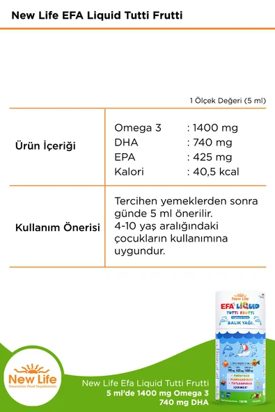 New Life Efa Liquid Tutti Frutti Balık Yağı 150 ml - 1400mg Omega 3 - 740mg DHA - 425mg EPA - Resim 2