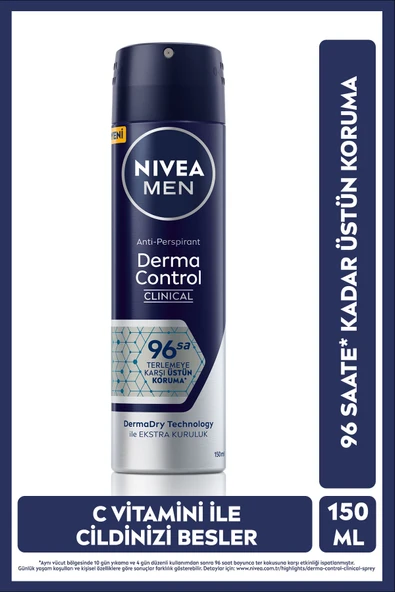 NIVEA MEN Erkek Sprey Deodorant Derma Control Clinical 150ml, 96 Saat Anti-perspirant Ter Koruması