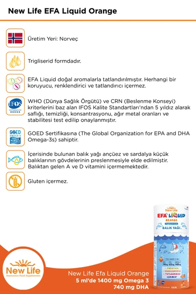 New Life Efa Liquid Orange Balık Yağı 150 ml - 1400mg Omega 3 - 740mg DHA - 425mg EPA - Resim 3