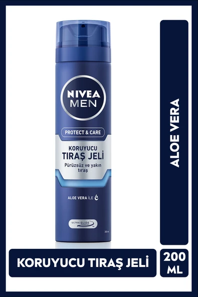 NIVEA MEN Erkek Koruyucu Tıraş Jeli Protect & Care 200ml, Aloe Vera, Sakal Yumuşatıcı, Ferahlatıcı