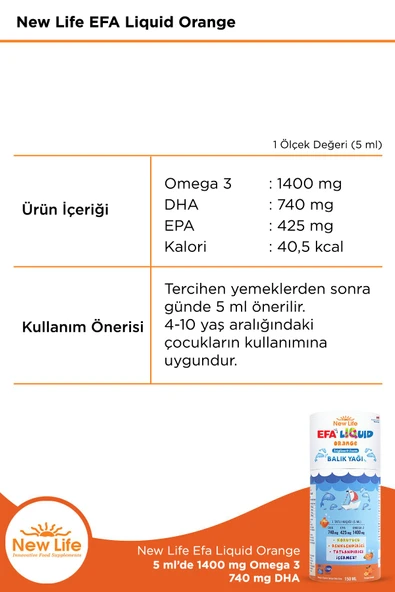 New Life Efa Liquid Orange Balık Yağı 150 ml - 1400mg Omega 3 - 740mg DHA - 425mg EPA - Resim 2