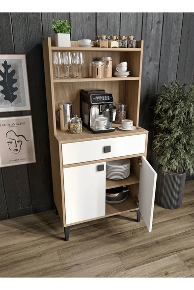 Afilli Venüs Kahve Köşesi 2 Kapaklı Tek Çekmeceli Ve Çok Amaçlı Dolap Tamamı Mdf Beyaz Garden Meşe - Resim 2