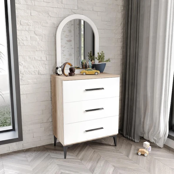 Afilli Ildır Çocuk Odası Takımı 3 Parça Tamamı Mdf Flora Beyaz Aynalı - Resim 4