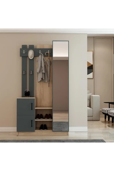 Afilli Nova Kapaklı Aynalı Portmanto Vestiyer Tamamı Mdflam Flora Antrasit - Resim 2