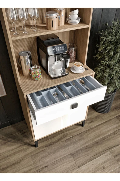 Afilli Venüs Kahve Köşesi 2 Kapaklı Tek Çekmeceli Ve Çok Amaçlı Dolap Tamamı Mdf Beyaz Garden Meşe - Resim 3