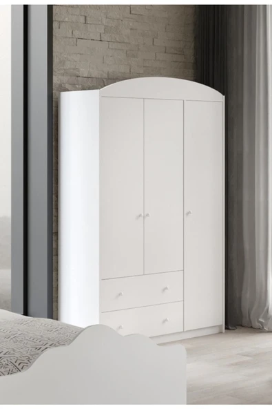 Afilli Lucia Beyaz 3 Kapaklı 2 Çekemeceli Tamamı Mdflam Gardrop