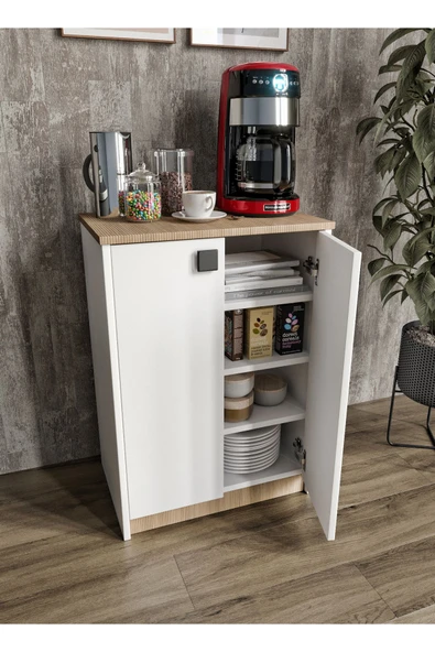 Afilli Lina Kahve Köşesi Ve Çok Amaçlı Dolap Tamamı Mdf Beyaz Garden Meşe - 3