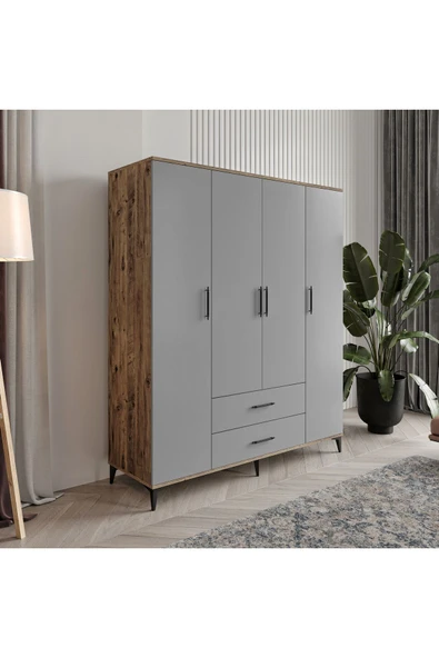 Afilli Urla 4 Kapaklı 2 Çekmeceli Gardrop Tamamı Mdf( atlas çam buz gri ) - 2