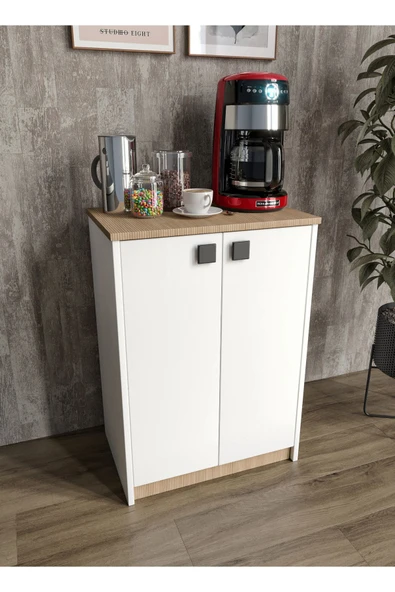 Afilli Lina Kahve Köşesi Ve Çok Amaçlı Dolap Tamamı Mdf Beyaz Garden Meşe