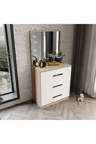 Afilli 3 Çekmeceli Şifonyer Aynalı Tamamı Mdf Flora Beyaz