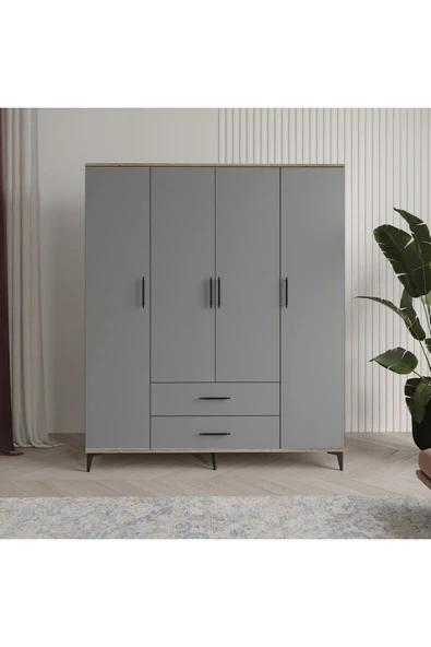 Afilli Urla 4 Kapaklı 2 Çekmeceli Gardrop Tamamı Mdf( atlas çam buz gri )
