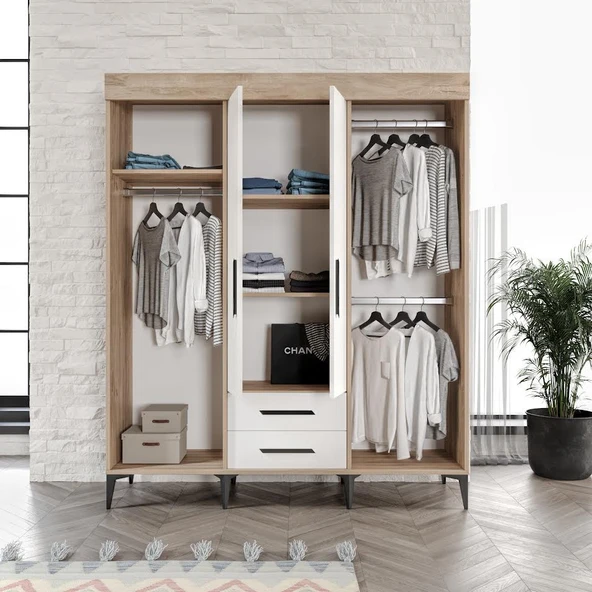 Afilli Ildır Çift Sürgülü 2 Kapaklı 2 Çekmeceli Gardrop Beyaz Tamamı Mdf - 3