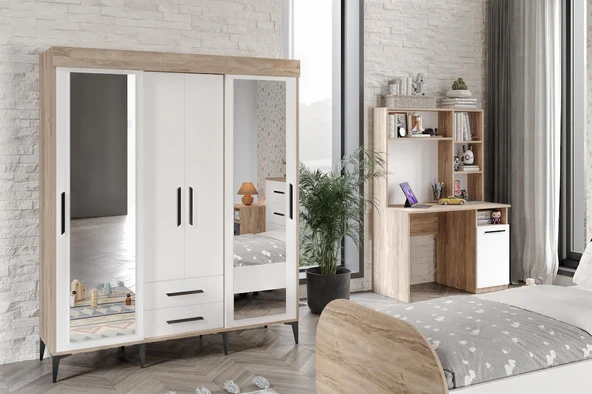 Afilli Ildır Çocuk Odası Takımı 4 Parça Tamamı Mdf Flora Beyaz Aynalı - Resim 2