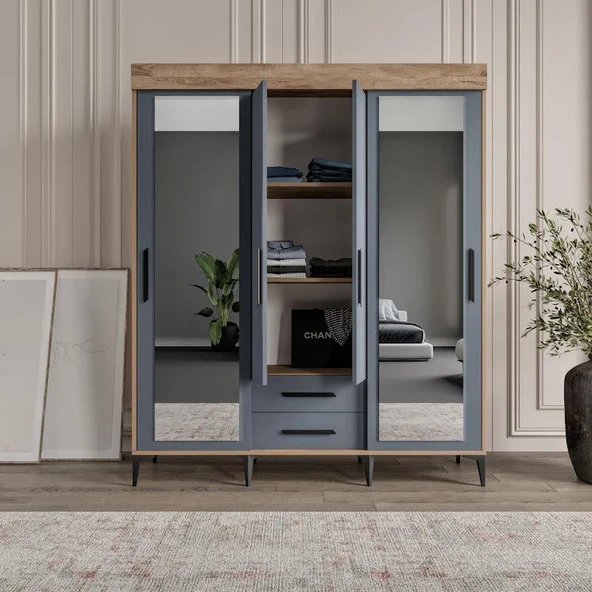 Afilli Izmir Sürgülü Aynalı Ve Kapaklı Gardrop Dolap Flora Antrasit - 4