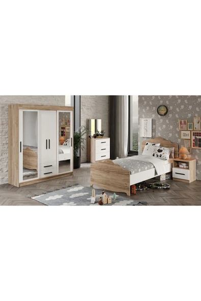 Afilli Ildır Çocuk Odası Takımı 4 Parça Tamamı Mdf Flora Beyaz Aynalı - 1