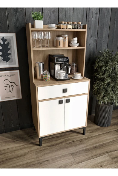 Afilli Venüs Kahve Köşesi 2 Kapaklı Tek Çekmeceli Ve Çok Amaçlı Dolap Tamamı Mdf Beyaz Garden Meşe ürün görseli