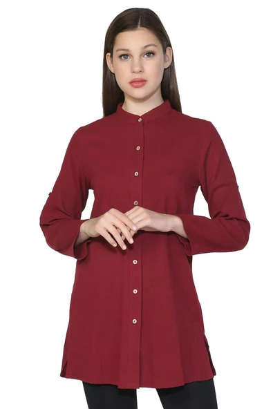 Kadın Şile Bezi Hakim Yaka Yazlık Tunik Bordo Brd L Bordo - 6