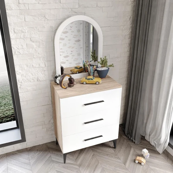 Afilli Ildır Çocuk Odası Takımı 3 Parça Tamamı Mdf Flora Beyaz Aynalı - Resim 5