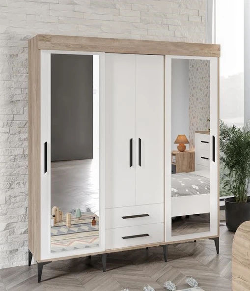 Afilli Ildır Çift Sürgülü 2 Kapaklı 2 Çekmeceli Gardrop Beyaz Tamamı Mdf - 1