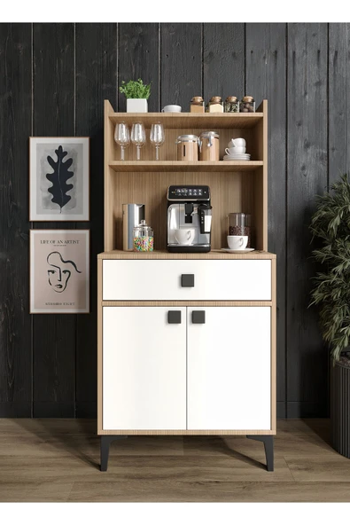 Afilli Venüs Kahve Köşesi 2 Kapaklı Tek Çekmeceli Ve Çok Amaçlı Dolap Tamamı Mdf Beyaz Garden Meşe - Resim 4