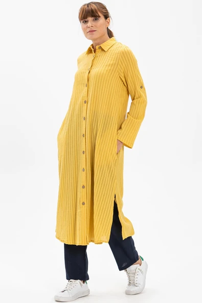 Uzun Kol Yakalı Gofre Mevsimlik ve Yazlık Tunik Sarı Sarı M Sarı - Resim 3