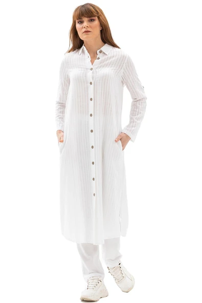 Uzun Kol Yakalı Gofre Mevsimlik ve Yazlık Tunik Beyaz Byz 2XL Beyaz - Resim 7