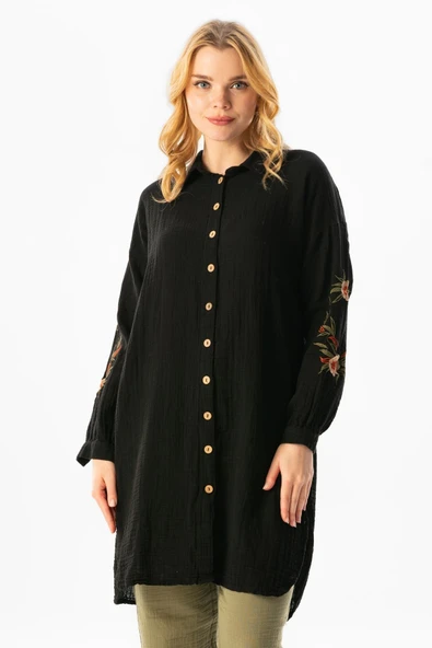 Uzun Kol Deste Gömlek Yaka Yazlık Müslin Tunik Siyah Syh L Siyah