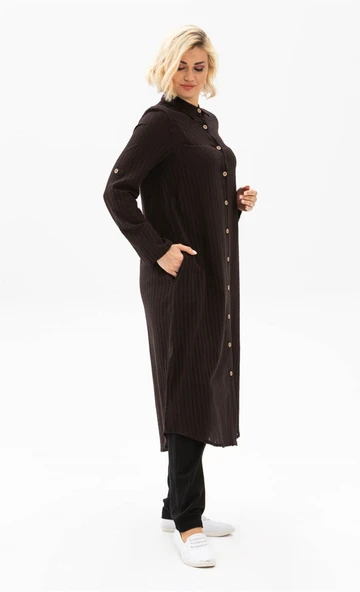 Uzun Kol Yakalı Gofre Mevsimlik ve Yazlık Tunik Siyah Syh S Siyah - Resim 4