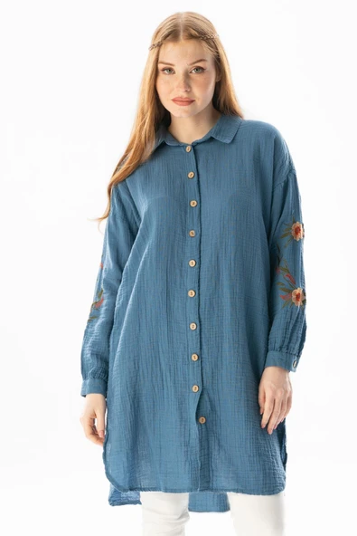 Uzun Kol Deste Gömlek Yaka Yazlık Müslin Tunik İndigo indg XL İndigo