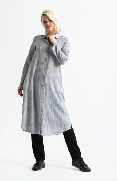 Uzun Kol Yakalı Gofre Mevsimlik ve Yazlık Tunik Gri 9007 S Gri - Resim 4