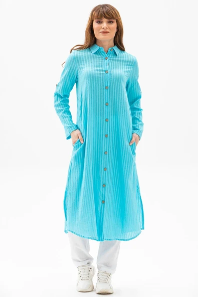 Uzun Kol Yakalı Gofre Mevsimlik ve Yazlık Tunik Turkuaz Trkz XL Turkuaz ürün görseli