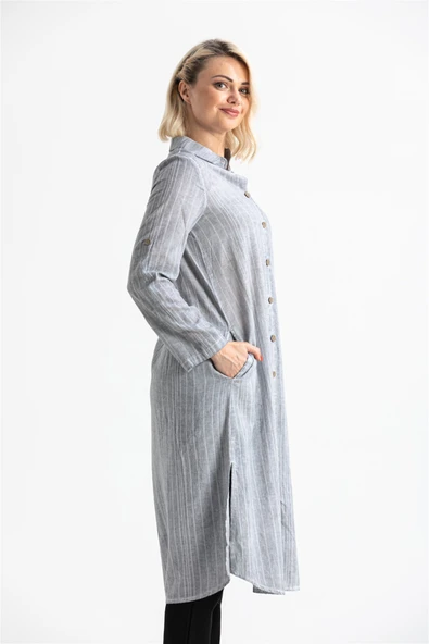 Uzun Kol Yakalı Gofre Mevsimlik ve Yazlık Tunik Gri 9007 S Gri - Resim 3