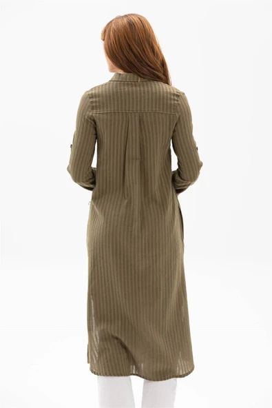 Uzun Kol Yakalı Gofre Mevsimlik ve Yazlık Tunik Haki Hk S Haki - Resim 2