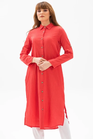 Uzun Kol Yakalı Gofre Mevsimlik ve Yazlık Tunik Mercan Mrcn S Mercan - Resim 4